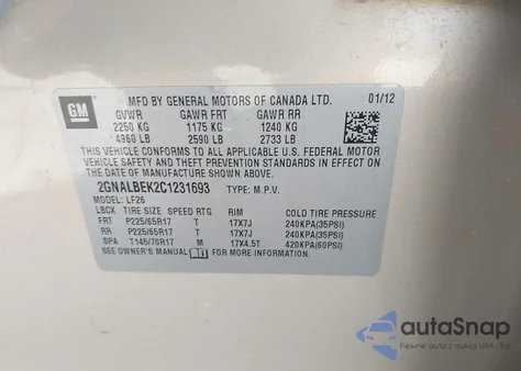 2012 Chevrolet Equinox Ls из США, поврежденный, VIN 2GNALBEK2C1231693